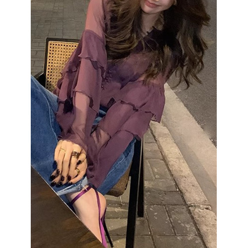 優雅氣質2026夏季防曬襯衣純色別致長袖襯衫上衣顯瘦通勤荷葉邊女 優雅氣質2026夏季防曬襯衣純色別致長袖襯衫上衣顯瘦通勤荷葉邊女