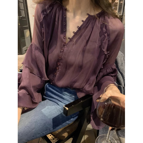 優雅氣質2026夏季防曬襯衣純色別致長袖襯衫上衣顯瘦通勤荷葉邊女 優雅氣質2026夏季防曬襯衣純色別致長袖襯衫上衣顯瘦通勤荷葉邊女