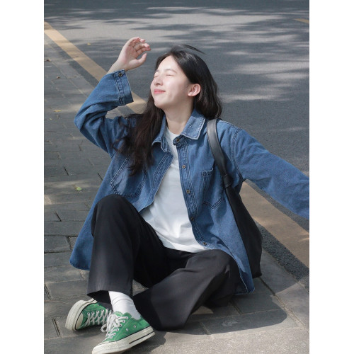 美式復古長袖牛仔襯衫外套女春秋季大碼寬鬆顯瘦中長款設計感上衣