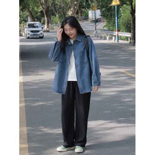 美式復古長袖牛仔襯衫外套女春秋季大碼寬鬆顯瘦中長款設計感上衣