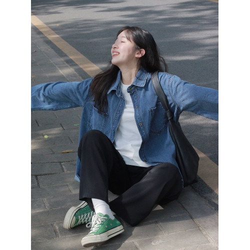 美式復古長袖牛仔襯衫外套女春秋季大碼寬鬆顯瘦中長款設計感上衣