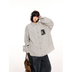 美式樂隊印花竪條紋長袖襯衫女早秋新款設計感毛邊寬鬆休閒襯衣潮