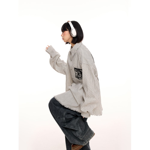 美式樂隊印花竪條紋長袖襯衫女早秋新款設計感毛邊寬鬆休閒襯衣潮