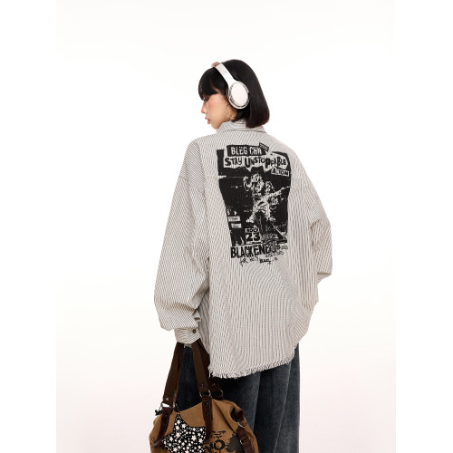 美式樂隊印花竪條紋長袖襯衫女早秋新款設計感毛邊寬鬆休閒襯衣潮