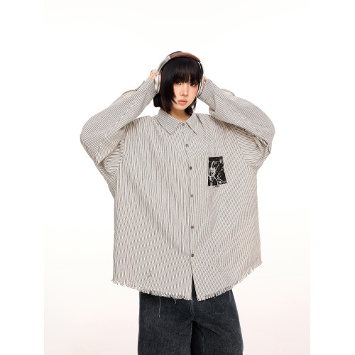 美式樂隊印花竪條紋長袖襯衫女早秋新款設計感毛邊寬鬆休閒襯衣潮