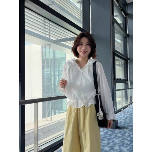 2026夏季休閒運動風抽繩連帽輕薄防曬罩衫時尚花邊長袖襯衫上衣女