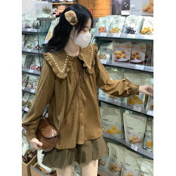 2025年新款學院風木耳邊娃娃領長袖襯衫女早秋季寬鬆別致襯衣上衣