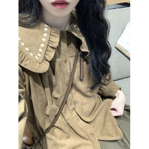 2025年新款學院風木耳邊娃娃領長袖襯衫女早秋季寬鬆別致襯衣上衣