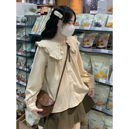 2025年新款學院風木耳邊娃娃領長袖襯衫女早秋季寬鬆別致襯衣上衣