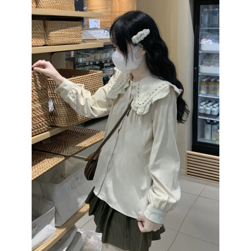2025年新款學院風木耳邊娃娃領長袖襯衫女早秋季寬鬆別致襯衣上衣