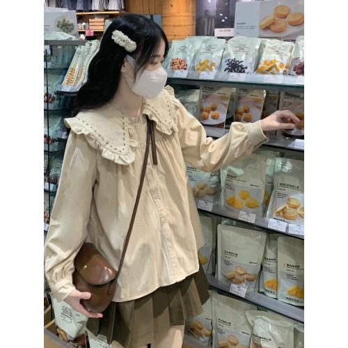 2025年新款學院風木耳邊娃娃領長袖襯衫女早秋季寬鬆別致襯衣上衣