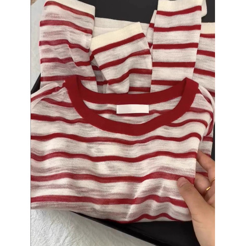 廣州十三行爆款紅色條紋冰絲長袖t恤罩衫女夏季時尚寬鬆防曬上衣