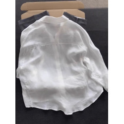 老錢風亞麻白色防曬襯衫女夏季薄款polo領襯衣開衫罩衫苧麻上衣