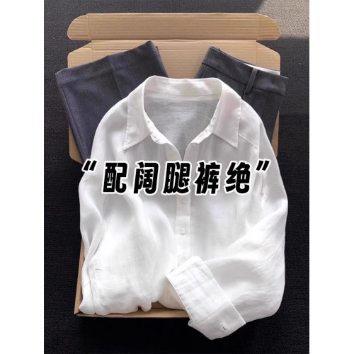 老錢風亞麻白色防曬襯衫女夏季薄款polo領襯衣開衫罩衫苧麻上衣