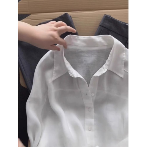 老錢風亞麻白色防曬襯衫女夏季薄款polo領襯衣開衫罩衫苧麻上衣