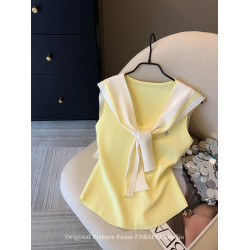 自畱爆款推薦~辣妹海軍領條紋針織背心女2026夏小馬刺綉披肩上衣