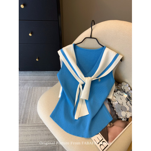 自畱爆款推薦~辣妹海軍領條紋針織背心女2026夏小馬刺綉披肩上衣