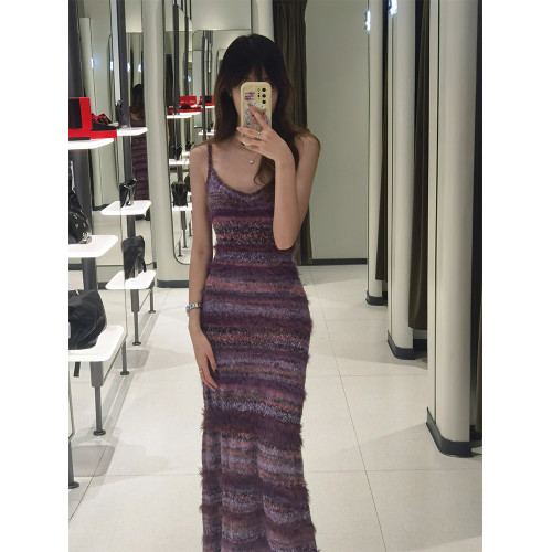 多巴胺春夏季穿搭包臀長裙子撞色條紋背心裙收腰修身吊帶連衣裙女