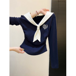 辣妹褶皺收腰長袖上衣早秋設計感法式海軍領撞色披肩打底衫女內搭