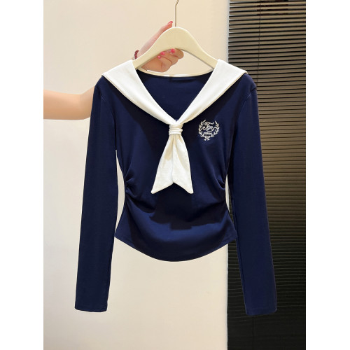 辣妹褶皺收腰長袖上衣早秋設計感法式海軍領撞色披肩打底衫女內搭 辣妹褶皺收腰長袖上衣早秋設計感法式海軍領撞色披肩打底衫女內搭