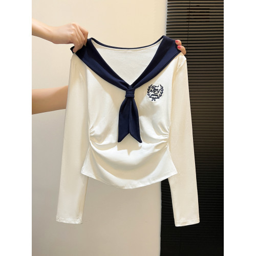 辣妹褶皺收腰長袖上衣早秋設計感法式海軍領撞色披肩打底衫女內搭 辣妹褶皺收腰長袖上衣早秋設計感法式海軍領撞色披肩打底衫女內搭