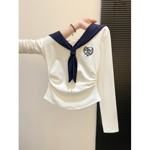 辣妹褶皺收腰長袖上衣早秋設計感法式海軍領撞色披肩打底衫女內搭 辣妹褶皺收腰長袖上衣早秋設計感法式海軍領撞色披肩打底衫女內搭