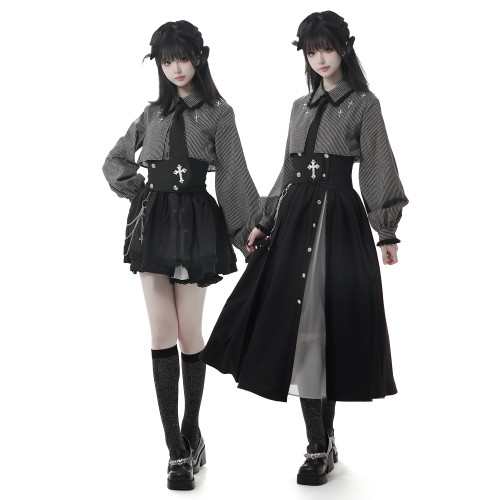 pinksavior【十字頌歌】條紋哥特襯衫十字裝飾不對稱長半裙褲套裝 pinksavior【十字頌歌】條紋哥特襯衫十字裝飾不對稱長半裙褲套裝