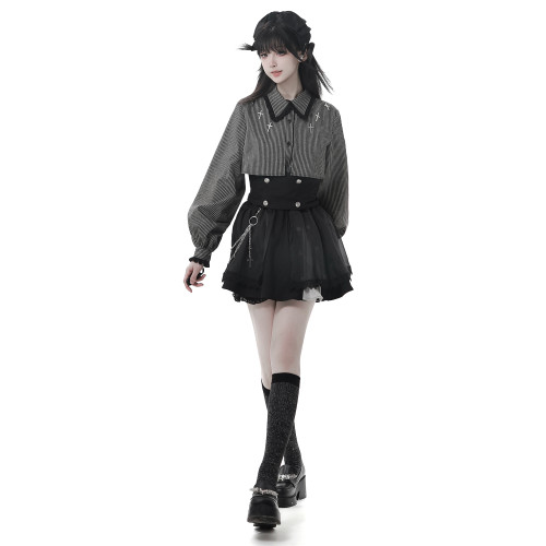 pinksavior【十字頌歌】條紋哥特襯衫十字裝飾不對稱長半裙褲套裝 pinksavior【十字頌歌】條紋哥特襯衫十字裝飾不對稱長半裙褲套裝