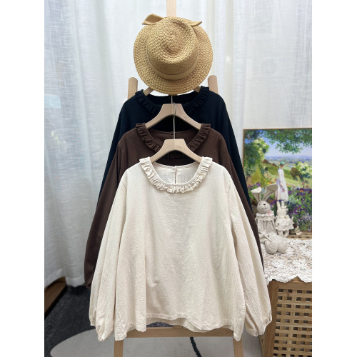 日系甜美木耳花邊領寬鬆版長袖打底衫燈籠袖圓領套頭棉麻上衣秋新