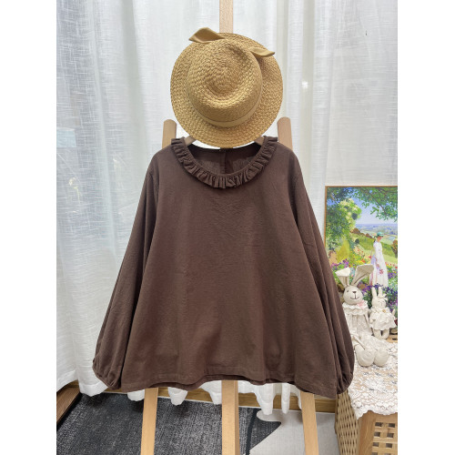 日系甜美木耳花邊領寬鬆版長袖打底衫燈籠袖圓領套頭棉麻上衣秋新