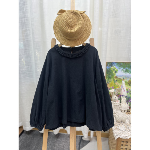 日系甜美木耳花邊領寬鬆版長袖打底衫燈籠袖圓領套頭棉麻上衣秋新