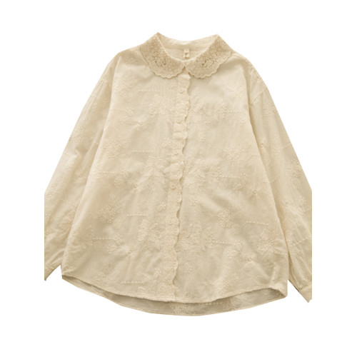 晚景櫻  日系元寶領蕾絲鏤空甜美全棉打底襯衫女長袖刺綉學生襯衣