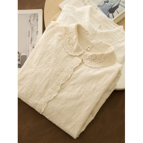 晚景櫻  日系元寶領蕾絲鏤空甜美全棉打底襯衫女長袖刺綉學生襯衣