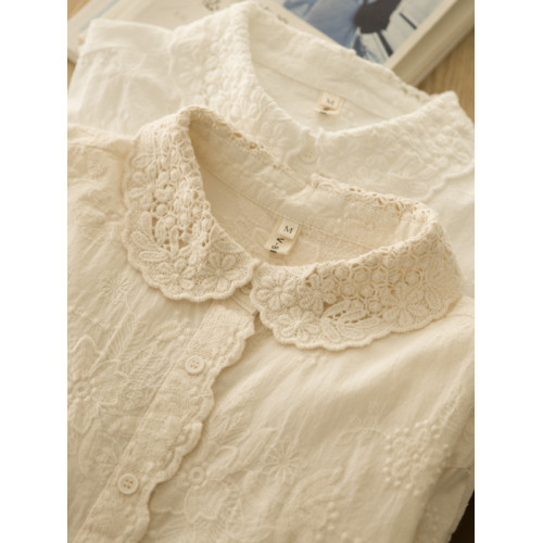 晚景櫻  日系元寶領蕾絲鏤空甜美全棉打底襯衫女長袖刺綉學生襯衣