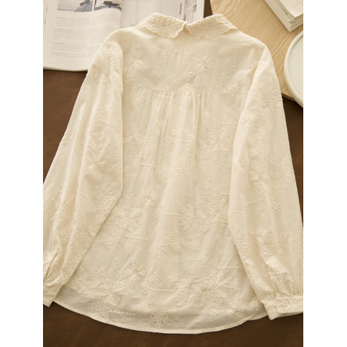 晚景櫻  日系元寶領蕾絲鏤空甜美全棉打底襯衫女長袖刺綉學生襯衣