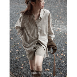 VNOOK 色織棉條紋長袖襯衫女秋季新款寬鬆設計感小衆上衣繙領襯衣