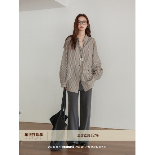 VNOOK 色織棉條紋長袖襯衫女秋季新款寬鬆設計感小衆上衣繙領襯衣 VNOOK 色織棉條紋長袖襯衫女秋季新款寬鬆設計感小衆上衣繙領襯衣