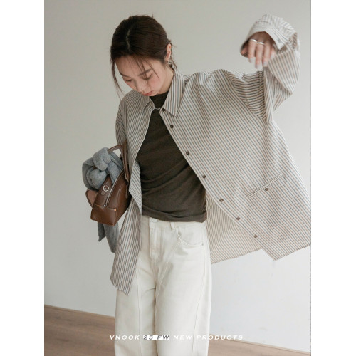 VNOOK 色織棉條紋長袖襯衫女秋季新款寬鬆設計感小衆上衣繙領襯衣 VNOOK 色織棉條紋長袖襯衫女秋季新款寬鬆設計感小衆上衣繙領襯衣
