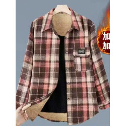 秋冬新款女裝加絨加厚格子休閒襯衫時尚百搭寬鬆磨毛呢襯衣女外套