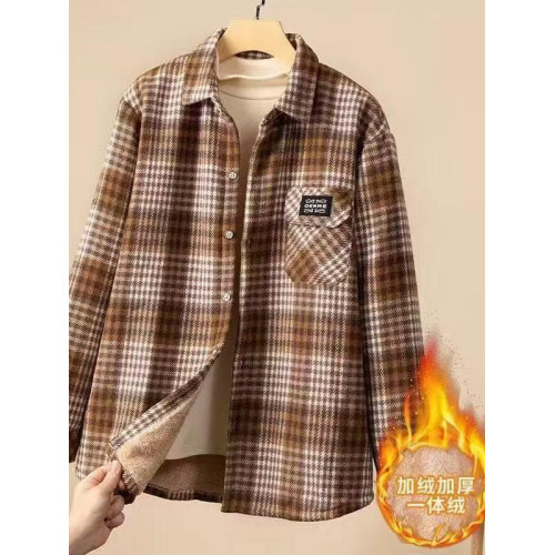 秋冬新款女裝加絨加厚格子休閒襯衫時尚百搭寬鬆磨毛呢襯衣女外套