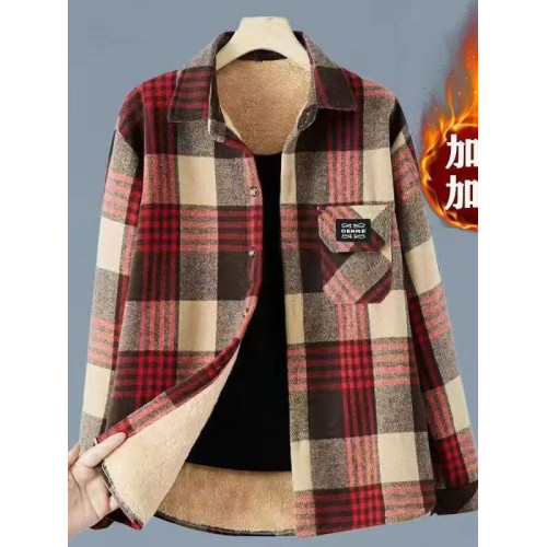 秋冬新款女裝加絨加厚格子休閒襯衫時尚百搭寬鬆磨毛呢襯衣女外套