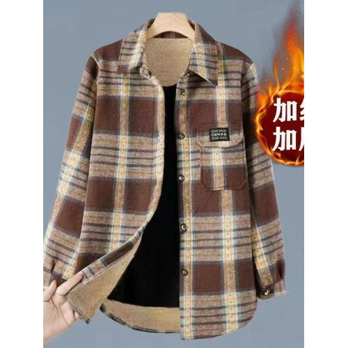 秋冬新款女裝加絨加厚格子休閒襯衫時尚百搭寬鬆磨毛呢襯衣女外套