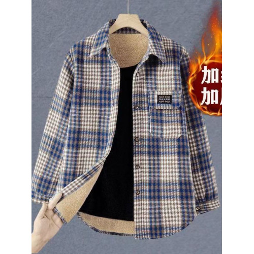 秋冬新款女裝加絨加厚格子休閒襯衫時尚百搭寬鬆磨毛呢襯衣女外套