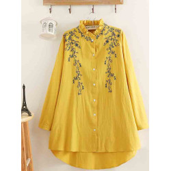 胖mm秋裝新款2025復古棉麻綉花女裝上衣大碼200斤花邊立領襯衫女