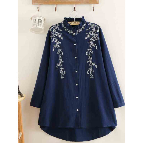 胖mm秋裝新款2025復古棉麻綉花女裝上衣大碼200斤花邊立領襯衫女