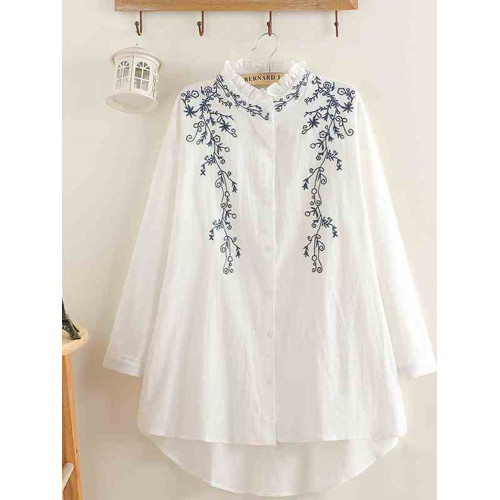 胖mm秋裝新款2025復古棉麻綉花女裝上衣大碼200斤花邊立領襯衫女