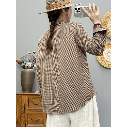 春秋新款純棉雙層棉紗格子襯衫女士長袖復古文藝打底柔軟上衣外套
