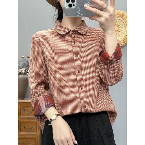 春秋新款純棉雙層棉紗格子襯衫女士長袖復古文藝打底柔軟上衣外套