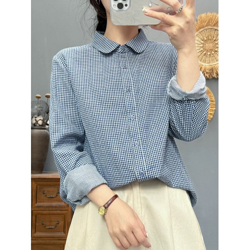 春秋新款純棉雙層棉紗格子襯衫女士長袖復古文藝打底柔軟上衣外套