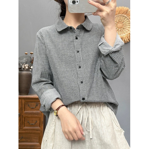 春秋新款純棉雙層棉紗格子襯衫女士長袖復古文藝打底柔軟上衣外套